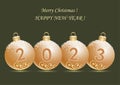 Happy New Year 2023. Xmas banner with the number 2023 on christmas balls with pattern